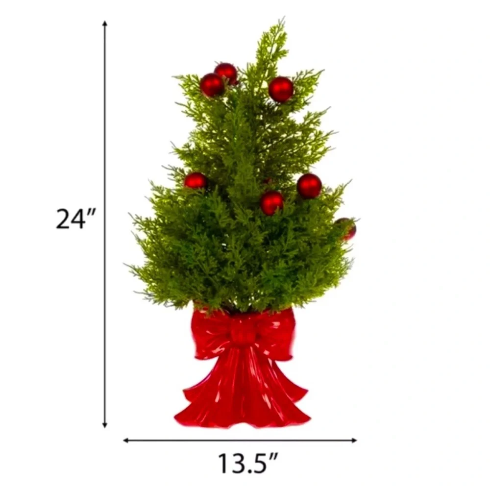 Artificial Cedar Tree w/ Red Vase Shaped Like A Bow & Ornaments, Ready to Ship